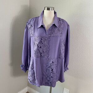 Indigo Thread Co Womens‎ Plus 2X Crochet Accent Boho Button Up Shirt Top Purple